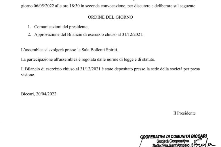 convocazione assemblea soci bilancio 2021